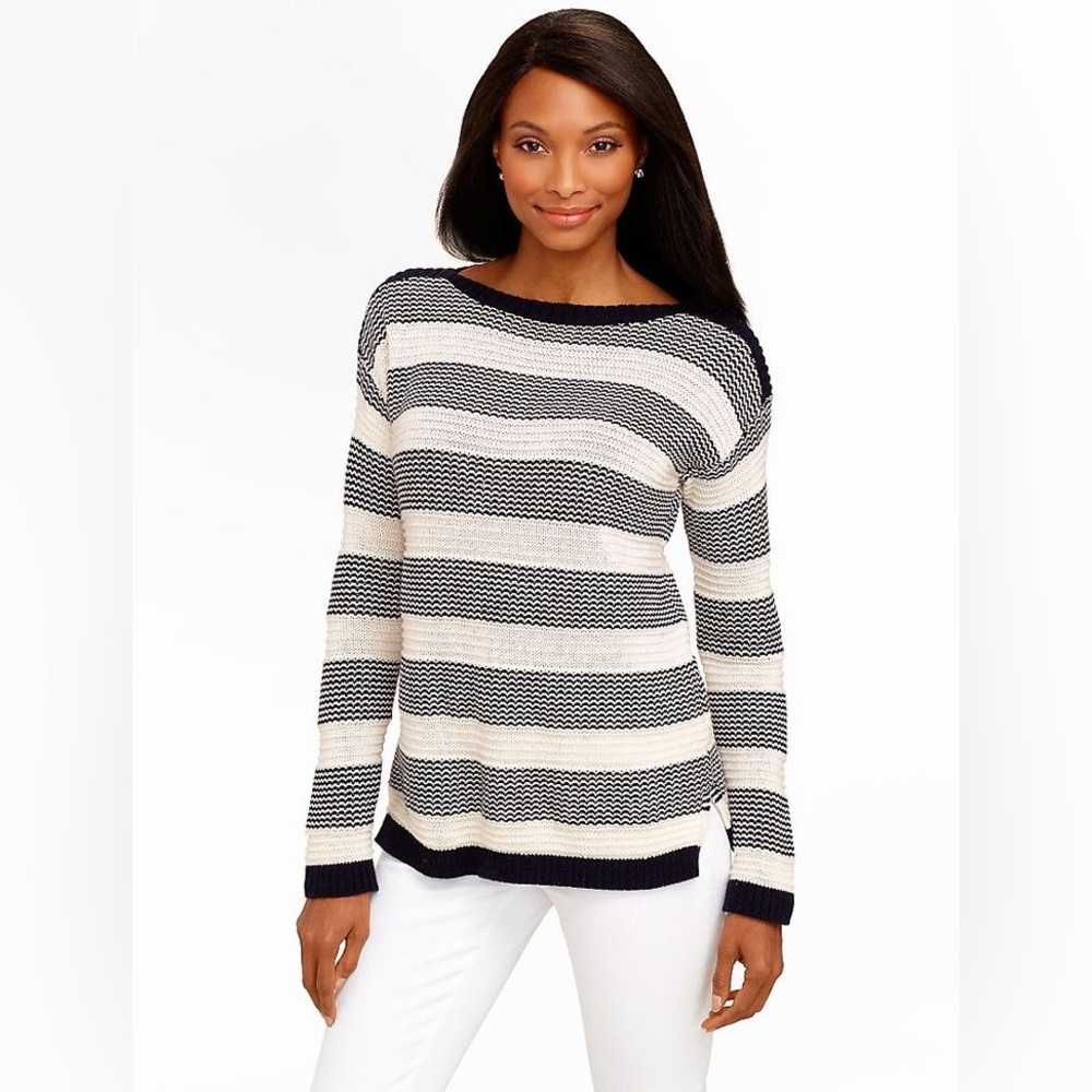 Talbots Navy Blue & White/Cream Women Striped Knit Sweater XL Boat Neck Nautical